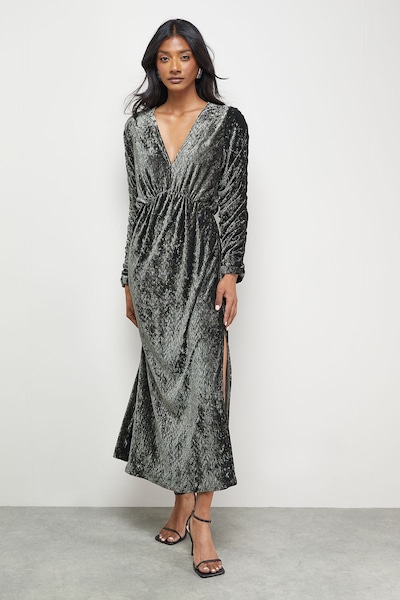 Warehouse Burnout Velvet Batwing Midi Dress Khaki