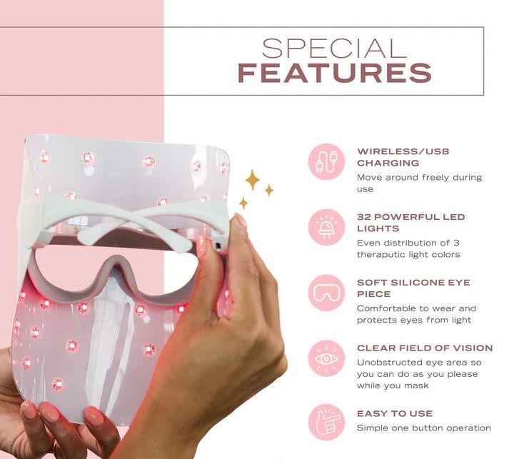Erth Skin London LED Light Therapy Glow & Renew Mask - 3 Color Modes/Pink image 5
