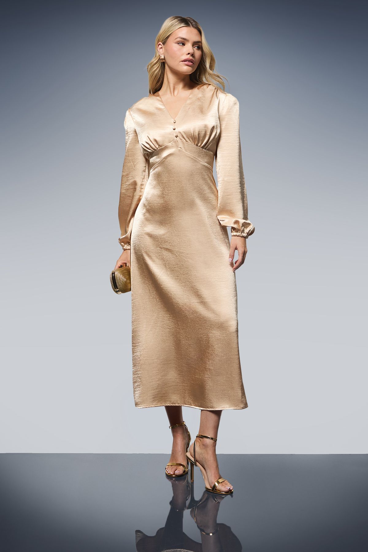 Dorothy Perkins DP Luxe Button Detail Blouson Sleeve Satin Midaxi Dress Gold