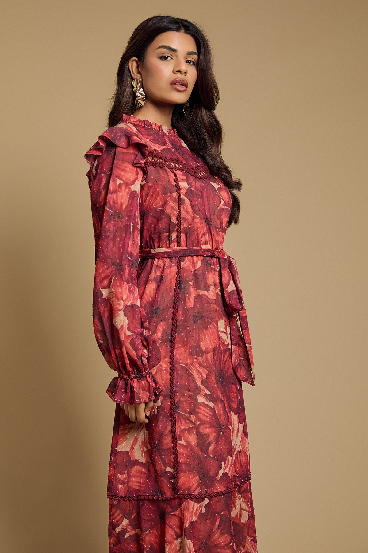 Oasis Petite Printed Dobby Chiffon Belted Waist Midi Dress Burgundy image 2