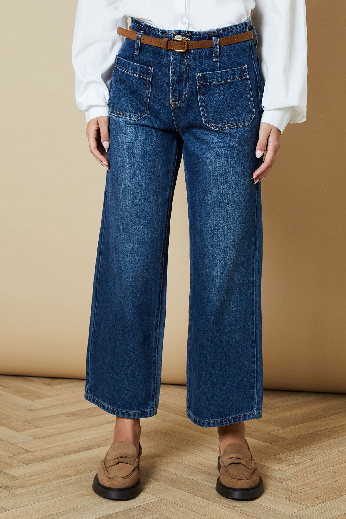Oasis Belted Cropped Straight Jean Mid Wash image 1