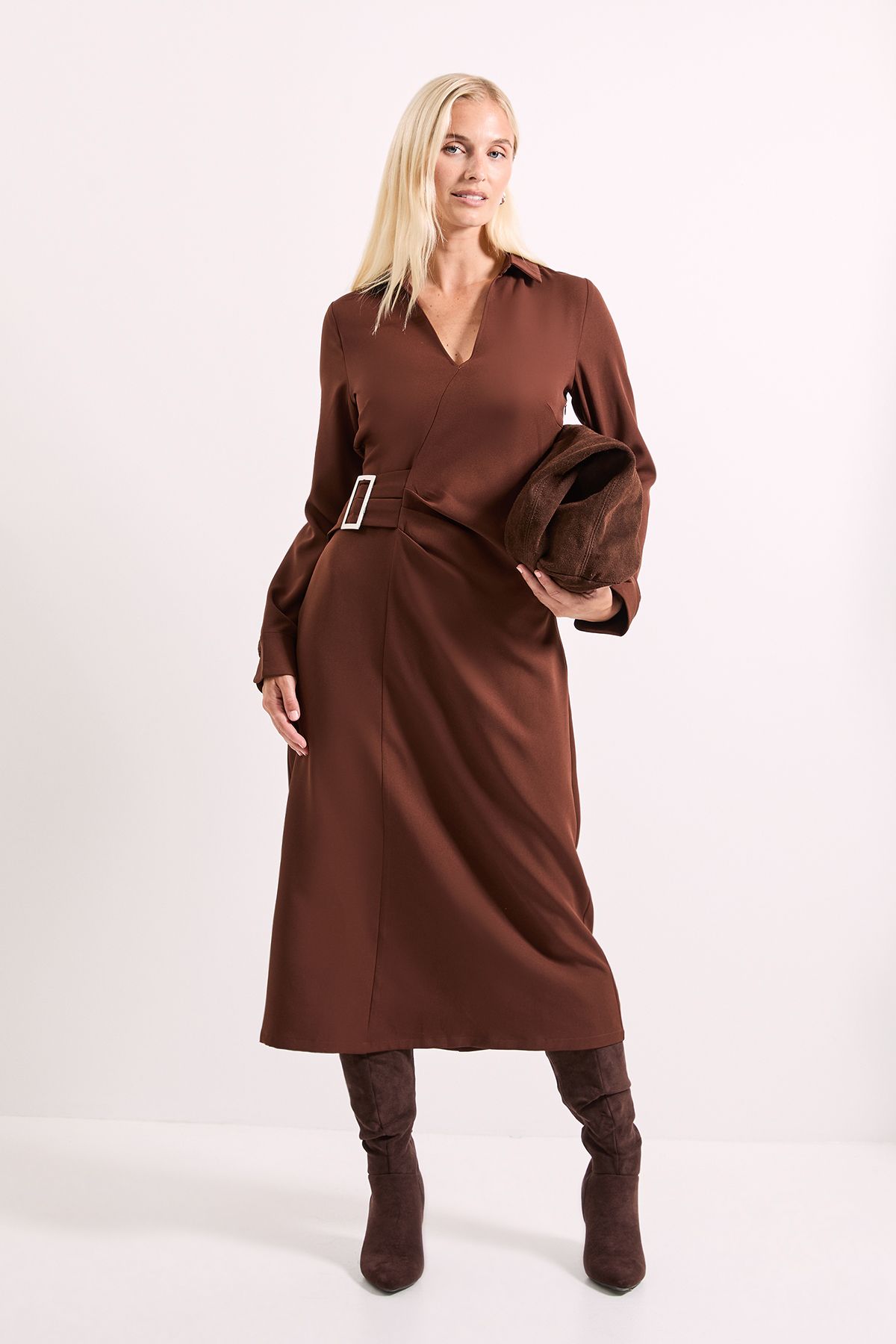Principles Brown Wrap Buckle Detail Crepe Midi Dress Brown
