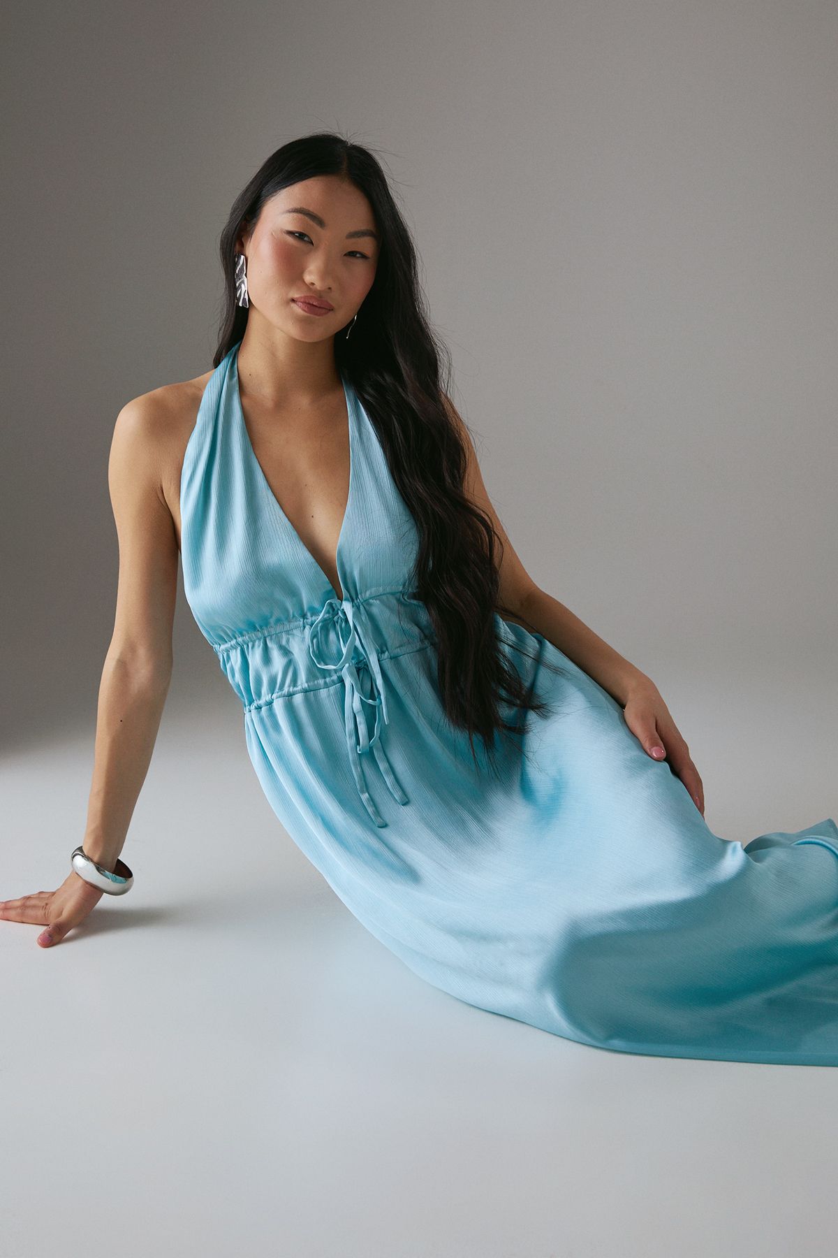 Warehouse Petite Crinkle Satin Halter Drawstring Waist Bias Midi Dress Aqua image 4