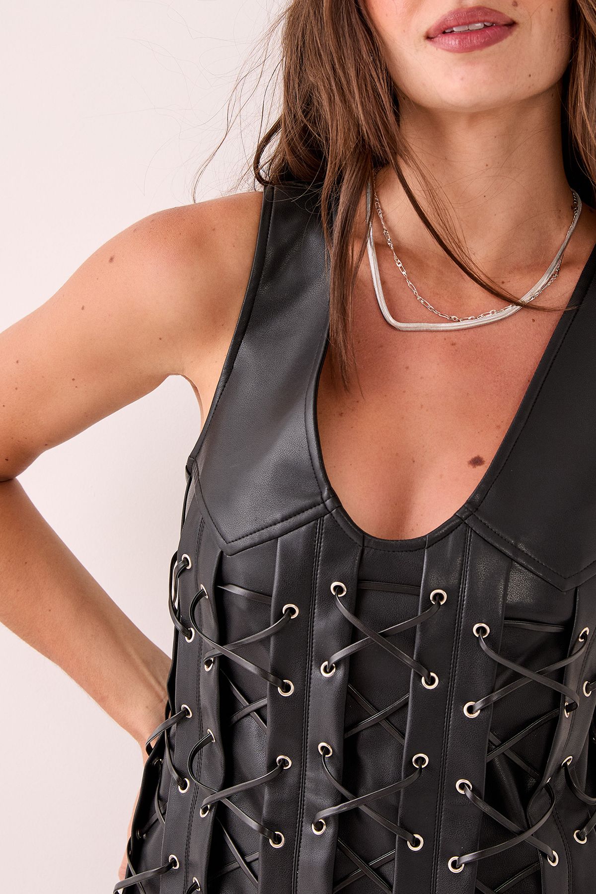 NastyGal Eyelet Lace Up Faux Leather Mini Dress Black image 5