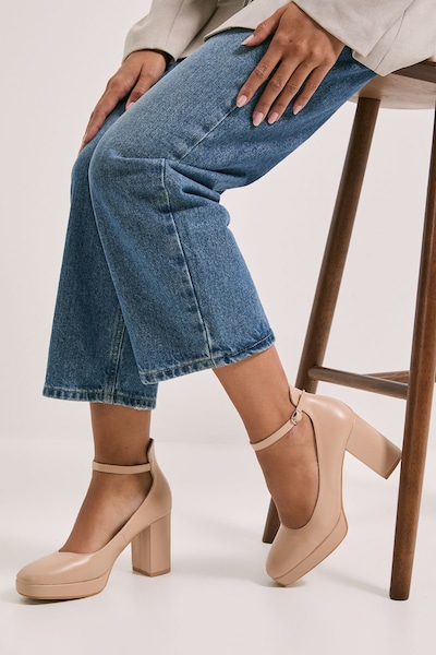 Dorothy Perkins Vanessa Faux Leather Platform Ankle Strap High Block Heel Court Shoes Beige