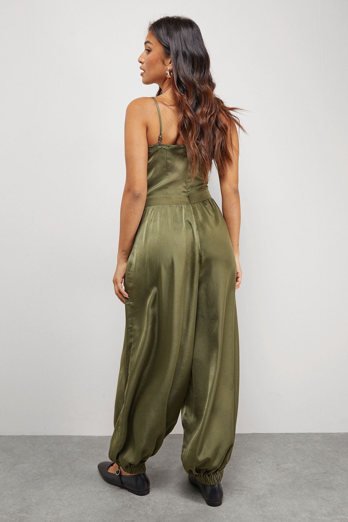 Warehouse Petite Satin Lace Trim Elasticated Cuff Strappy Jumpsuit Olive image 3