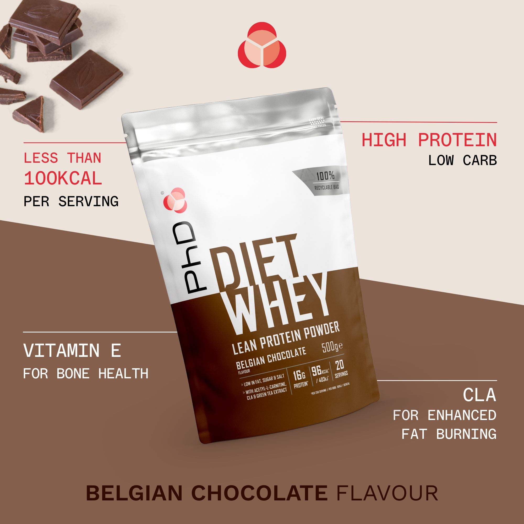PhD Nutrition Diet Whey Protein Powder Belgian Choc 1KG image 2