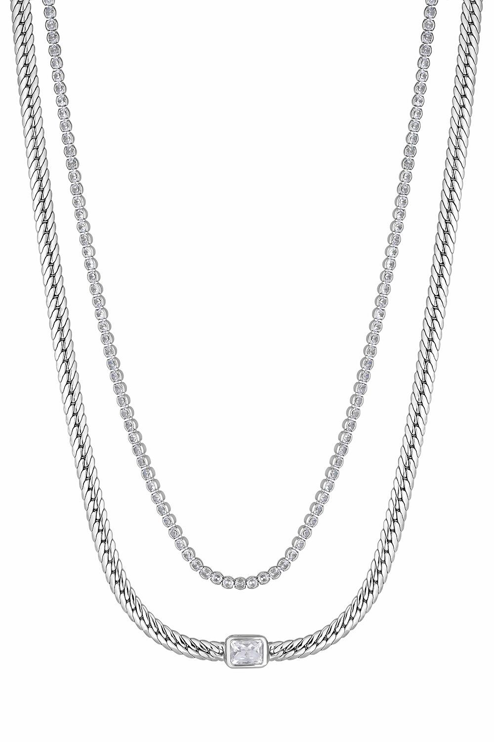 Inicio Silver Plated Recycled Cobra Double Chain And Cubic Zirconia Necklace - Gift Pouch image 2