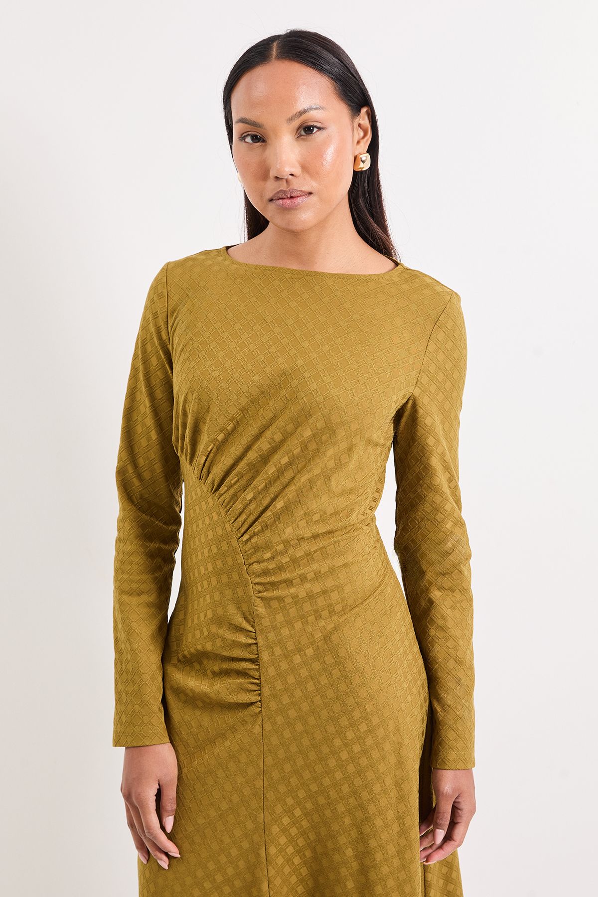 Principles Ruched Detail Textured Jersey Jacquard Maxi Dress Olive image 4