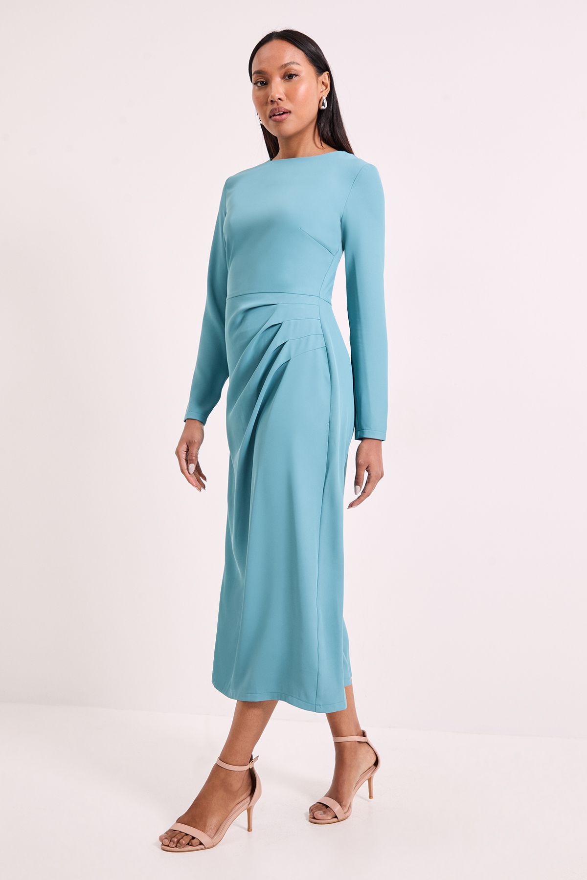 Principles Pleat Detail Crepe Midi Dress Duck Egg Blue image 4
