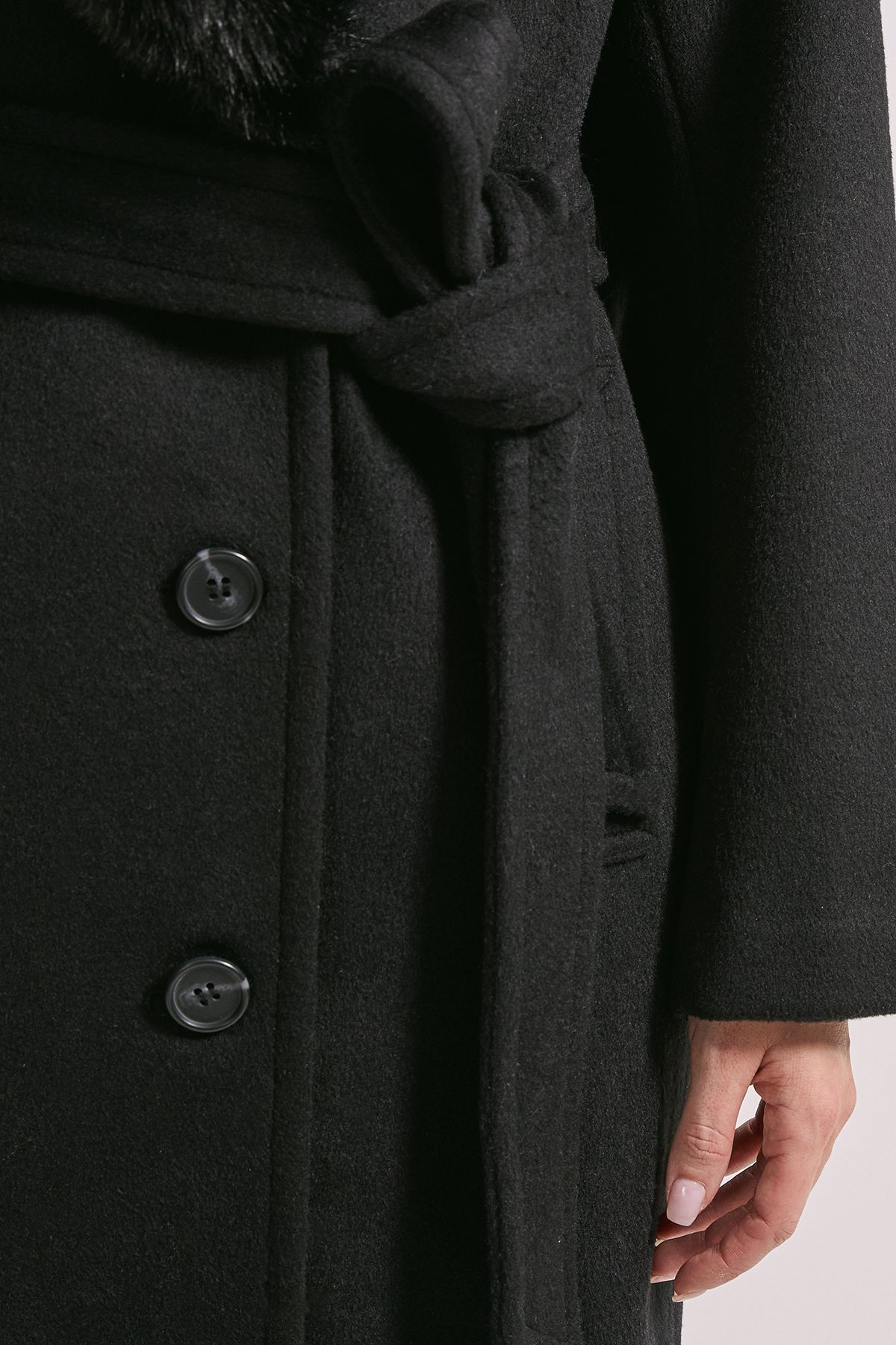 Dorothy Perkins Faux Fur Collar Belted Longline Coat Black image 5