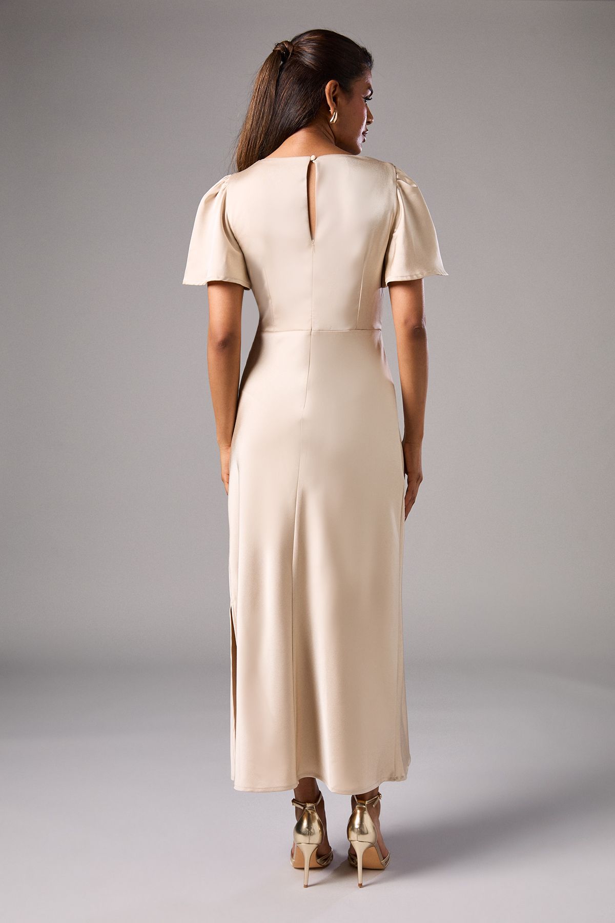 Oasis Oasis by Coast Petite Satin Twist Angel Sleeve Midi Bridesmaid Dress Champagne image 3