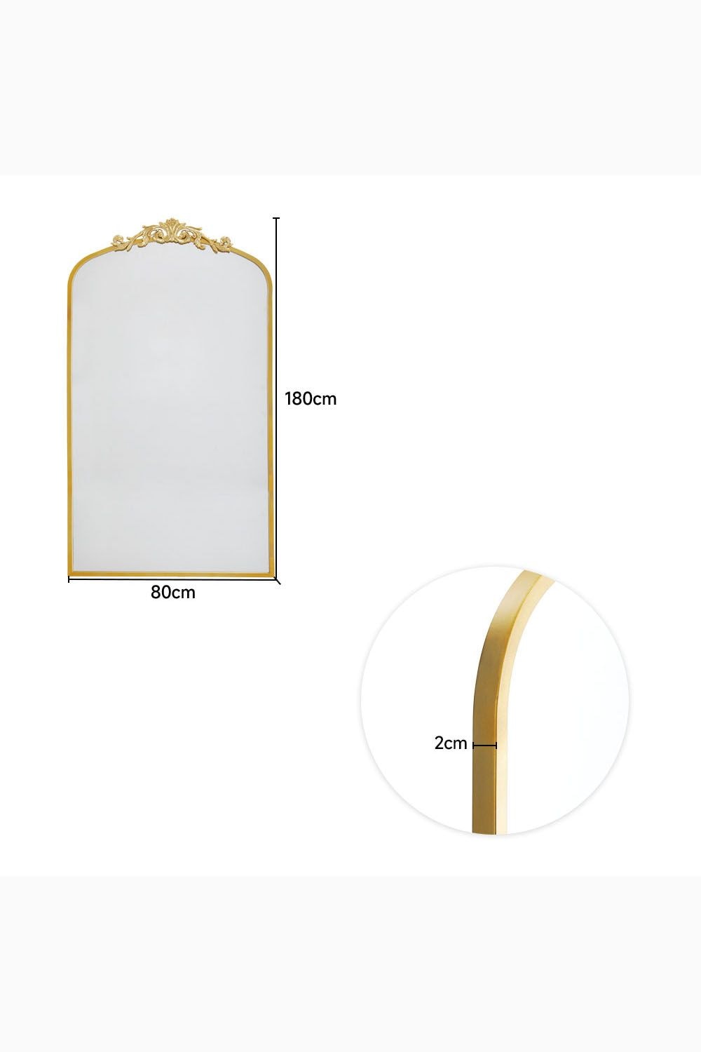 Living and Home 80cm W x 180cm H Vintage-Inspired Gold Floral Carved Metal Framed Arch Full-Length Mirror image 3