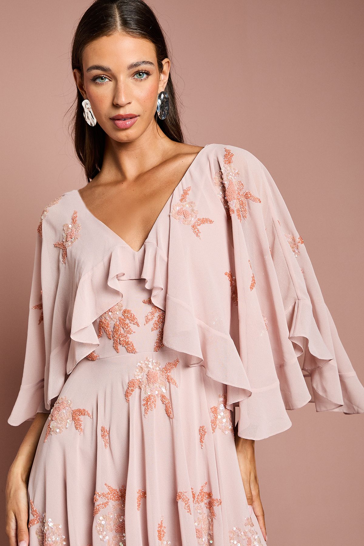 Coast Embellished Frill Cape Midi Dress Nude image 3