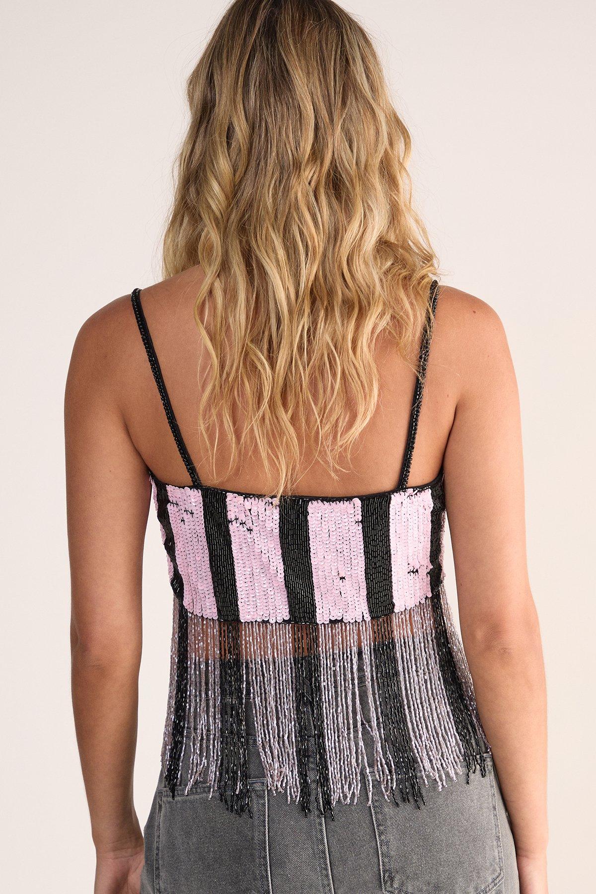 NastyGal Stripe Sequin Tassel Crop Top Pink image 4