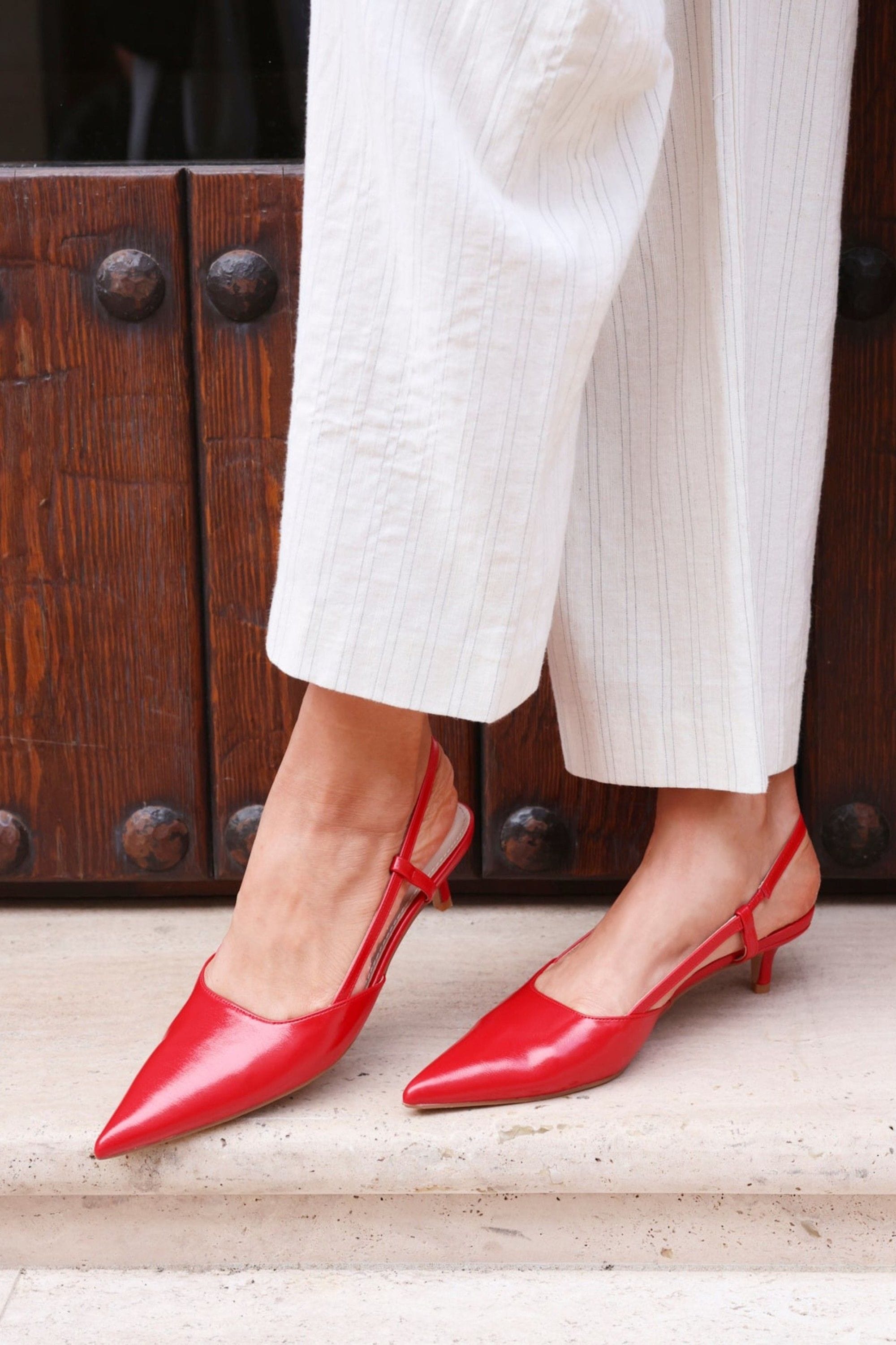 Linzi Refined Red Faux Leather Slingback Kitten Court Heels image 2