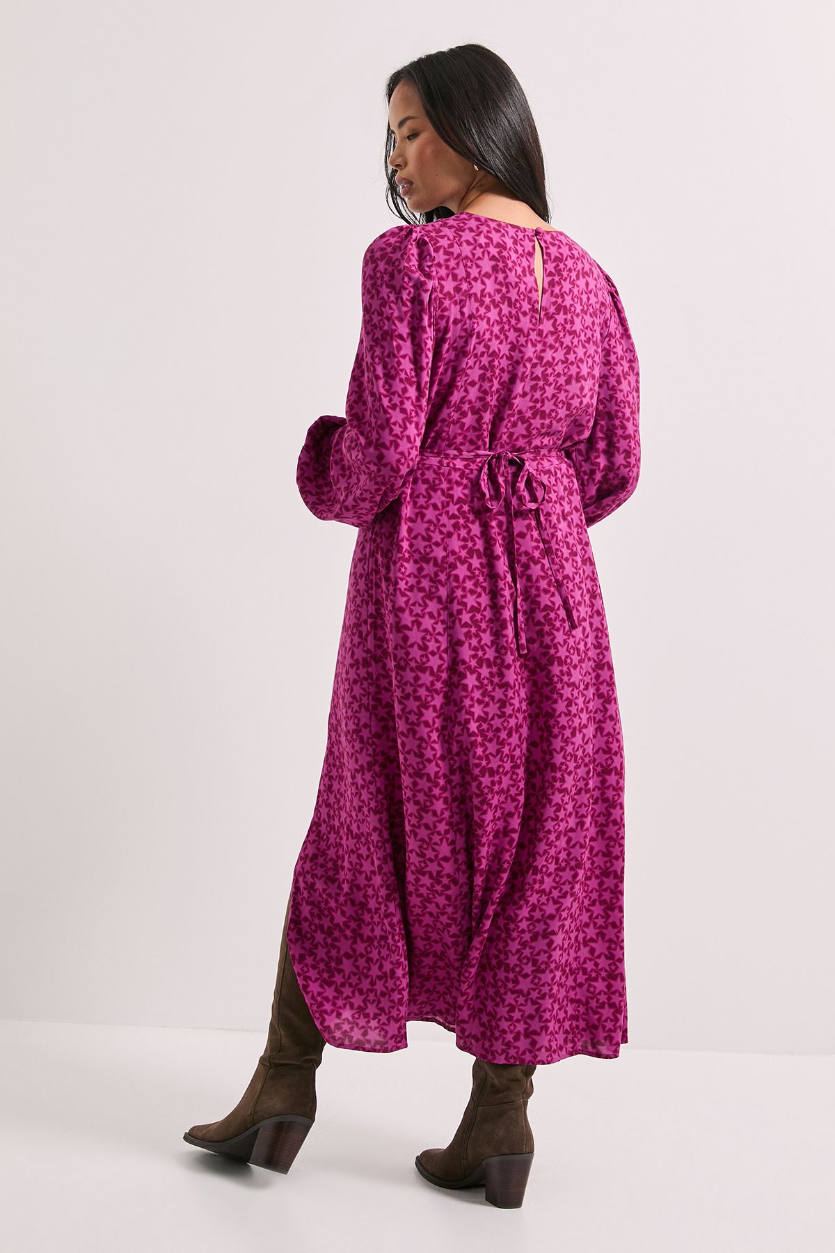 Dorothy Perkins Empire Star Seam Split Detail Printed Midi Dress Burgundy image 3