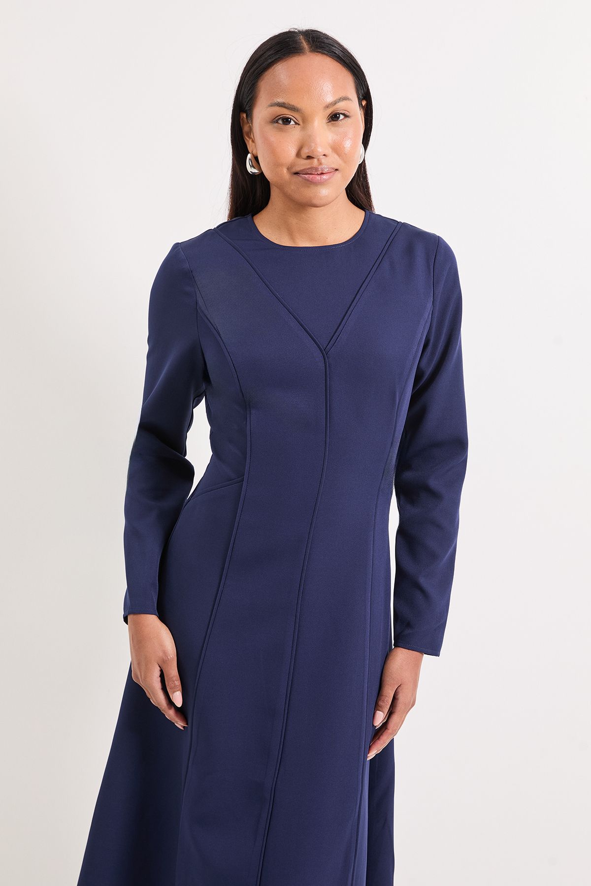 Principles Contrast Seam Detail Fit & Flare Crepe Midi Dress Navy image 4