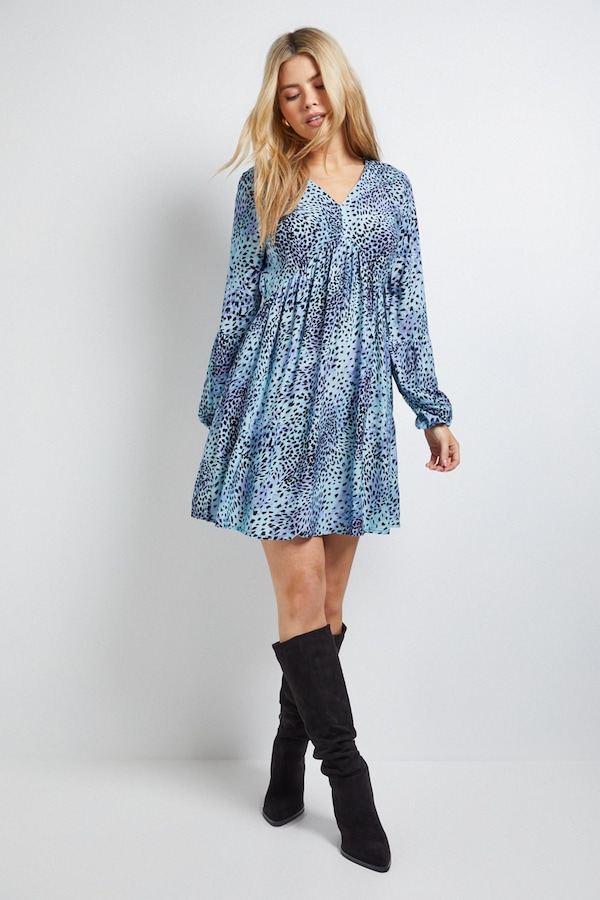 Dorothy Perkins V Neck Smock Blouson Sleeve Printed Mini Dress Purple