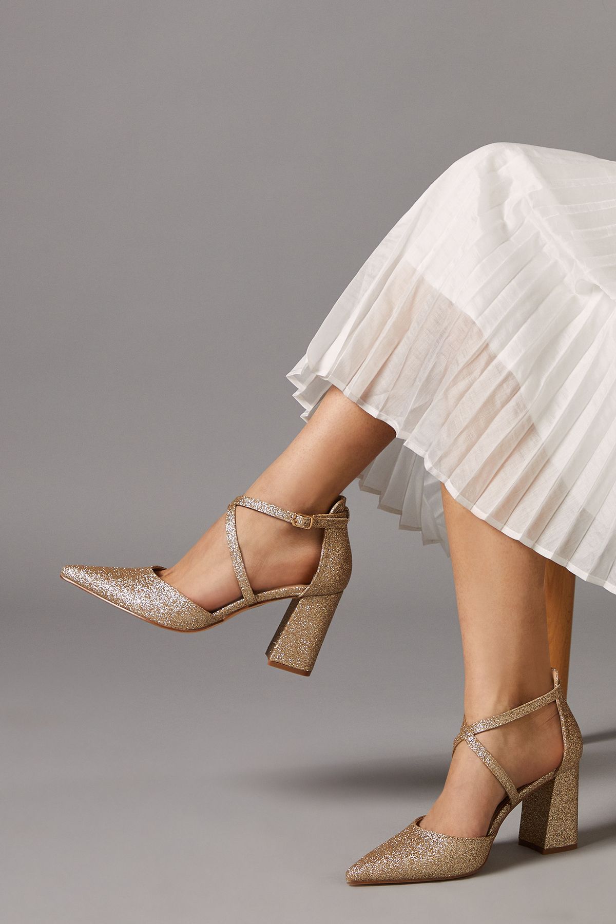 Coast Wide Fit Treat Faux Suede Cross Strap Pointed Block Heel Court Shoes Gold image 1