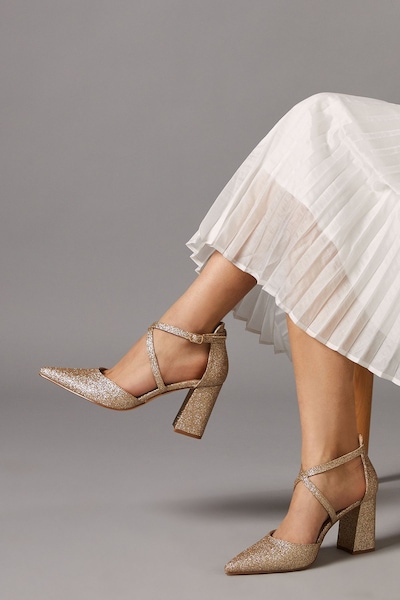 Coast Wide Fit Treat Faux Suede Cross Strap Pointed Block Heel Court Shoes Gold