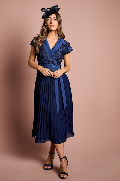 Coast Lace Wrap Top Pleat Tux Midi Dress Navy