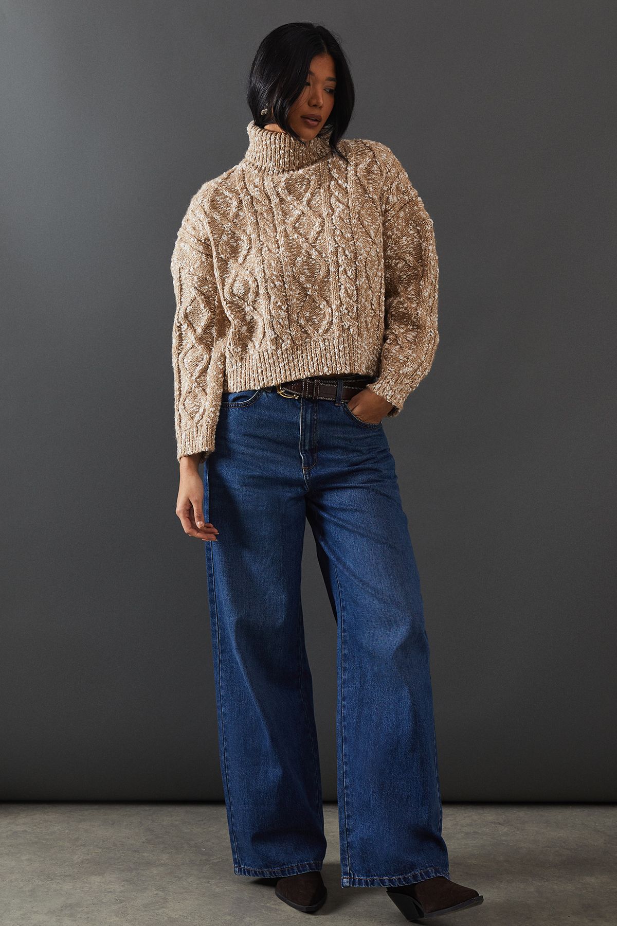 Warehouse Cable Knit Roll Neck Jumper Camel image 4
