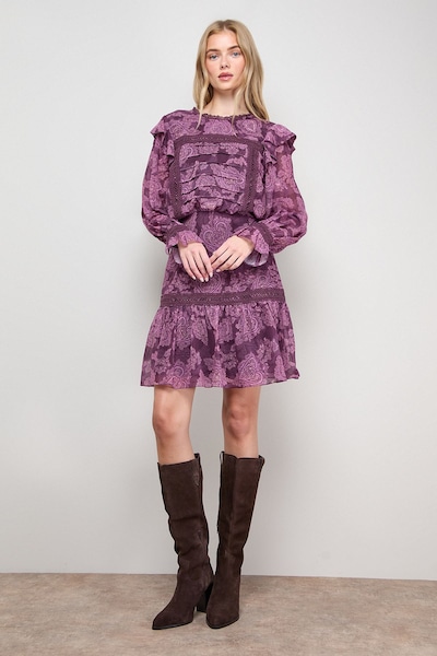 Oasis Printed Lace Trim Pleat Detail Mini Dress Dusty Pink