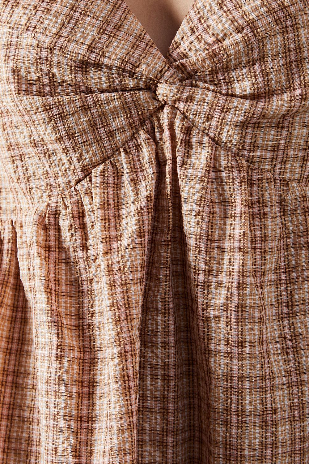 Warehouse Check V Neck Volume Sleeve Mini Dress Orange image 5