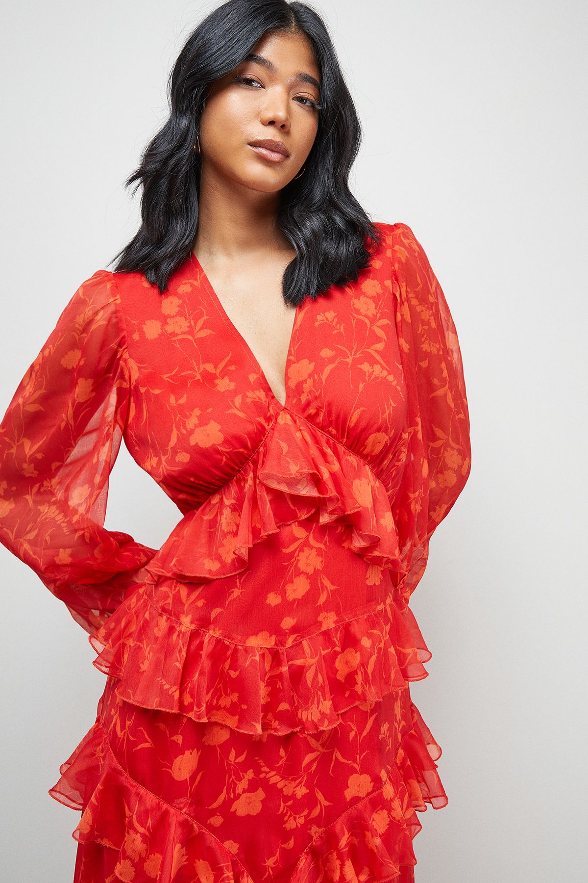 Warehouse Print Chiffon Plunge Neck Ruffle Detail Volume Sleeve Maxi Dress Floral image 4