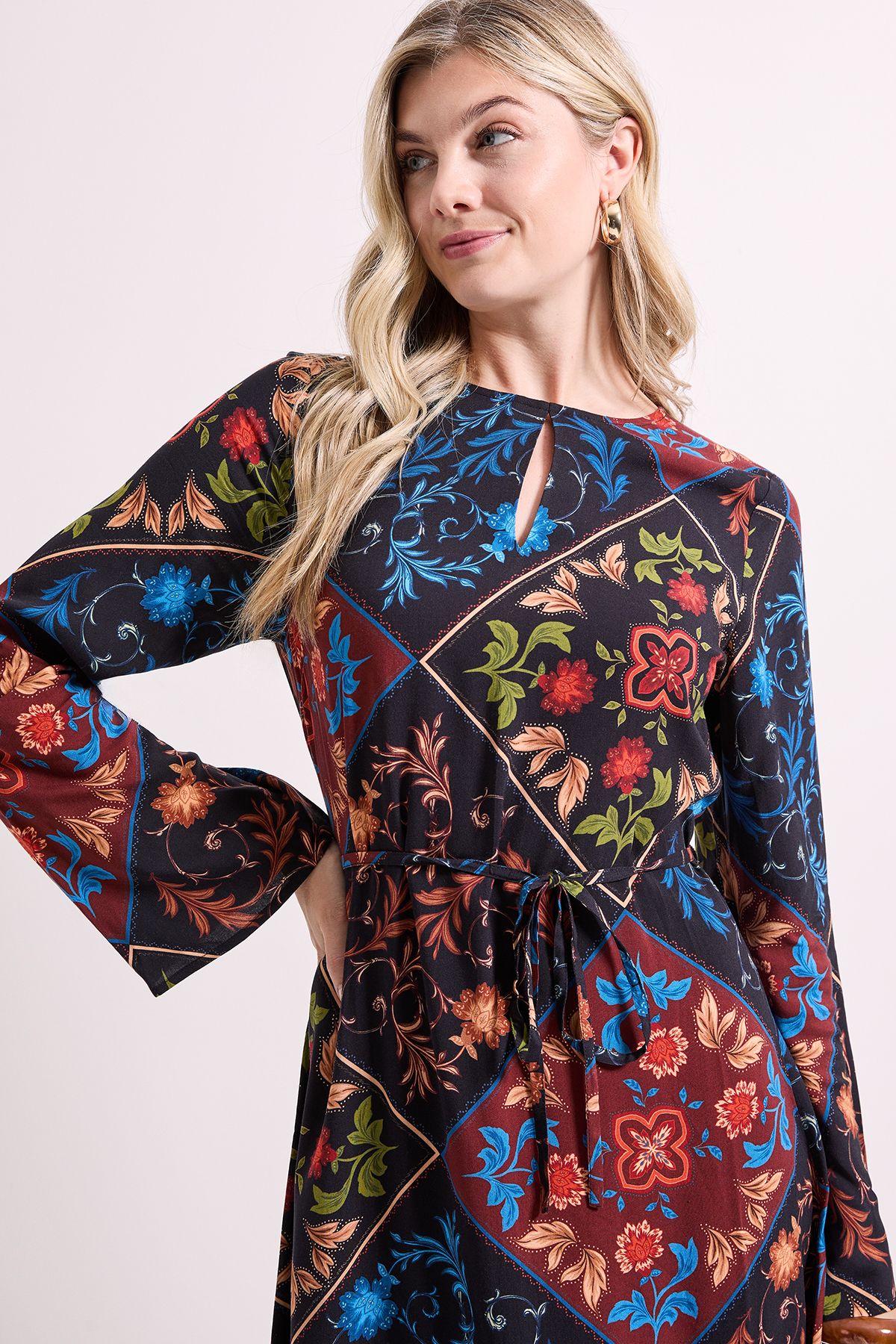 Dorothy Perkins Keyhole Belted Long Sleeve Midi Dress Multi image 3