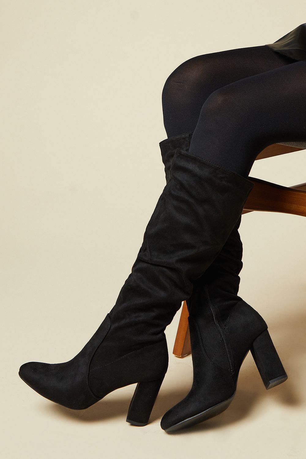 Dorothy Perkins Wide Fit Keris Faux Suede High Block Heel Ruched Knee High Boots Natural Black image 2