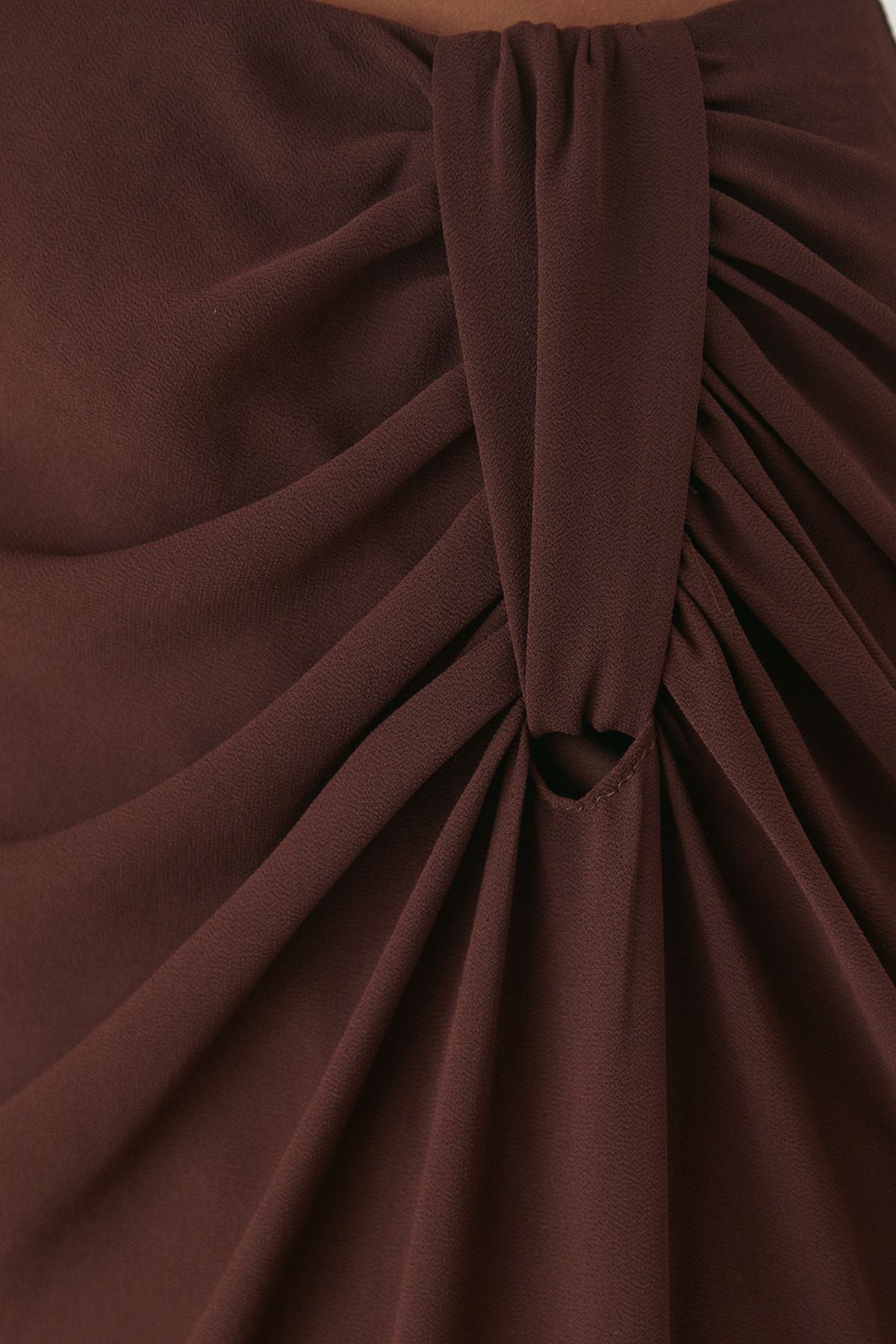 MissPap Asymmetric Shoulder Cut Out Ruched Maxi Dress Chocolate image 5