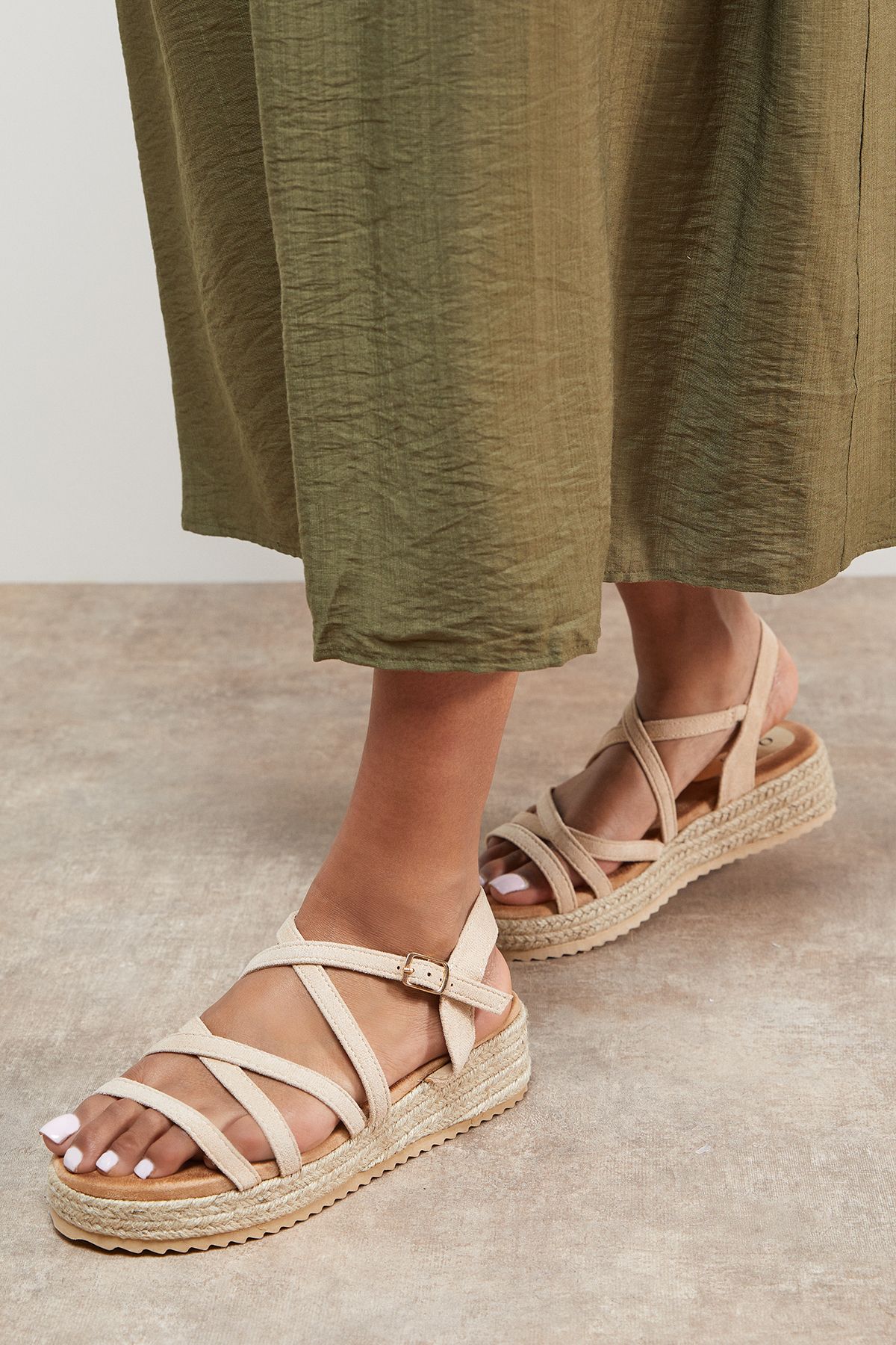 Oasis Kenza Faux Suede Strappy Low Wedge Espadrille Sandals Beige image 1