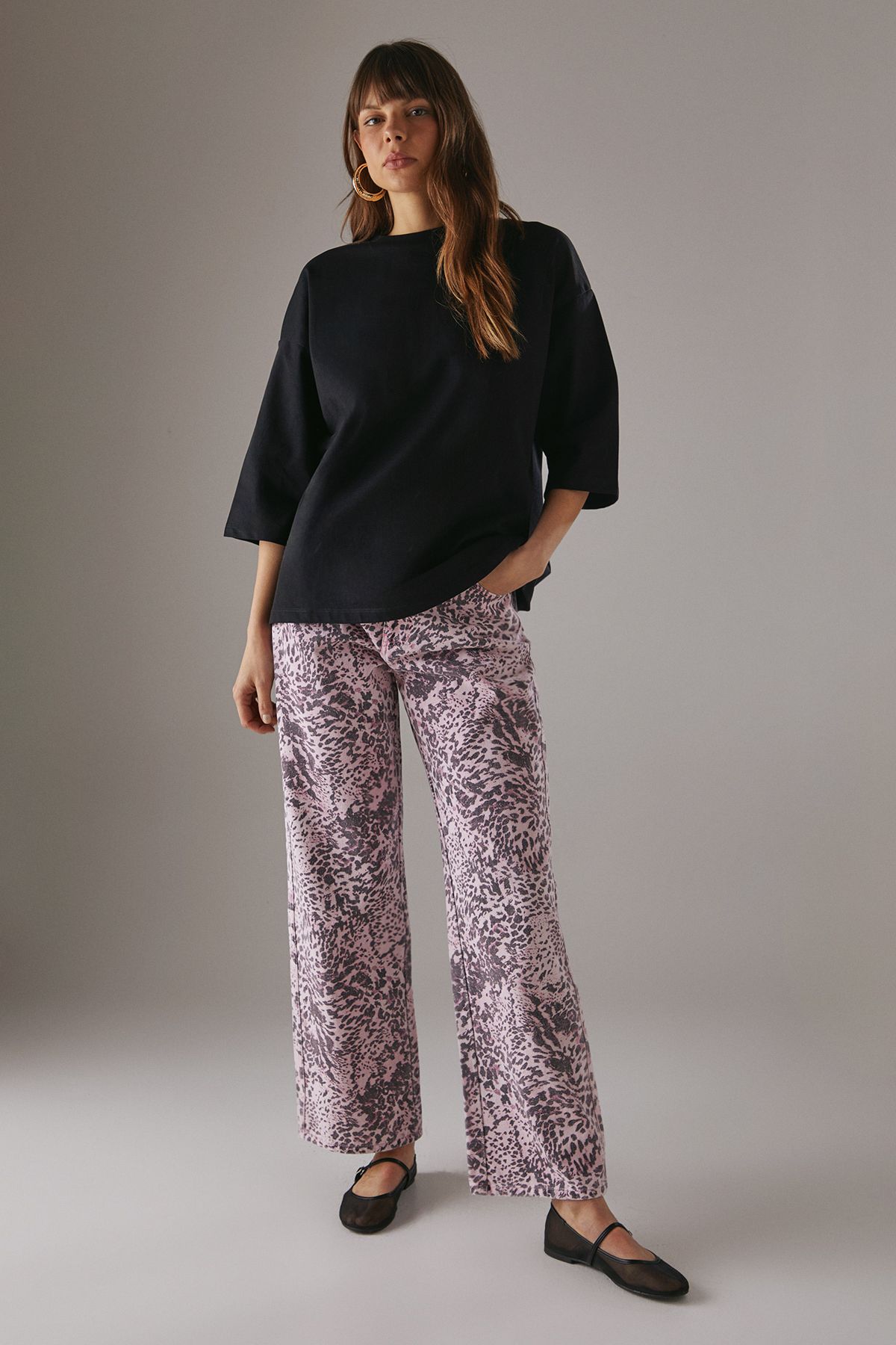 Warehouse Printed Denim Low Rise Dad Jeans Leopard image 1