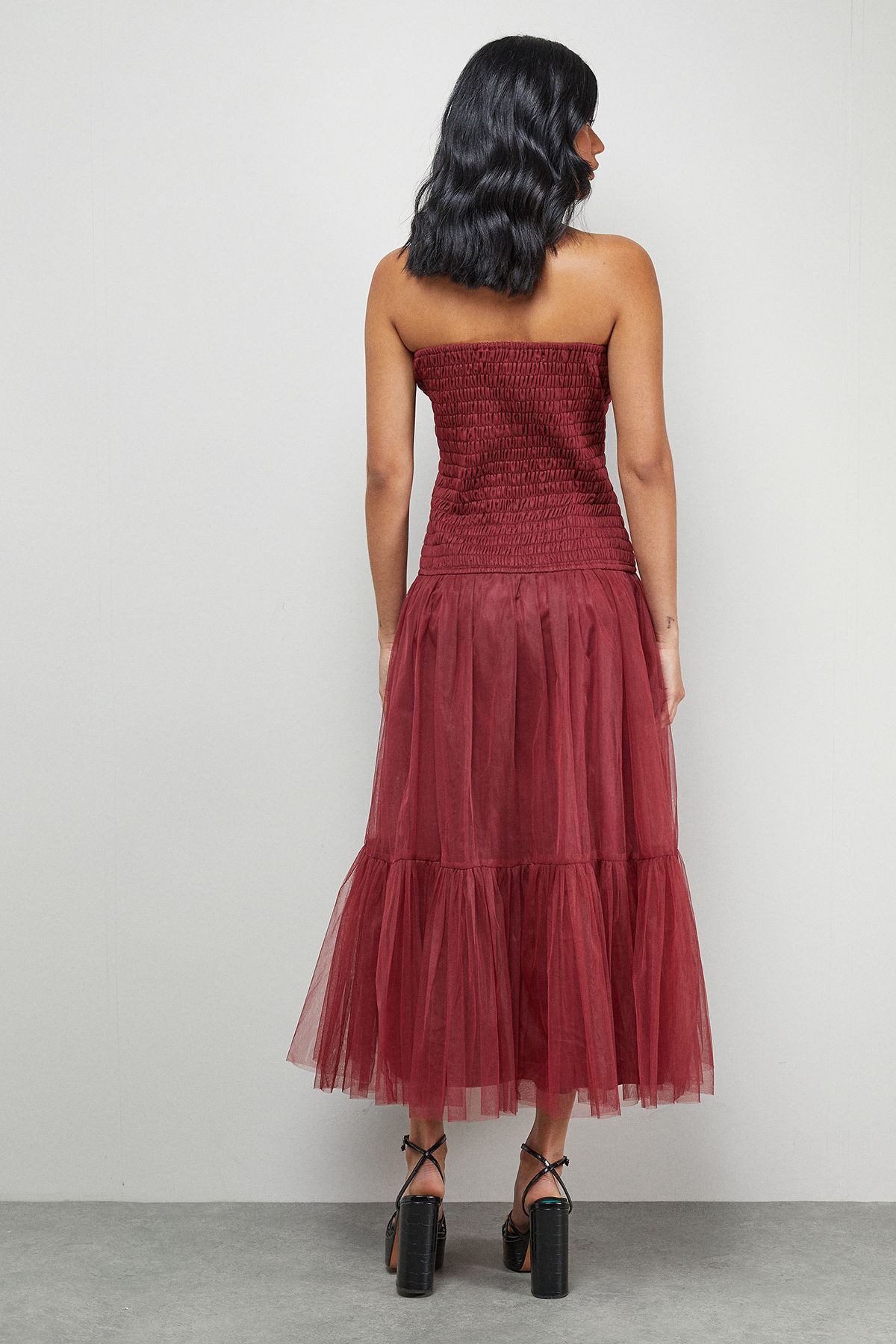 Warehouse Bandeau Sheering Tulle Maxi Dress Wine image 3