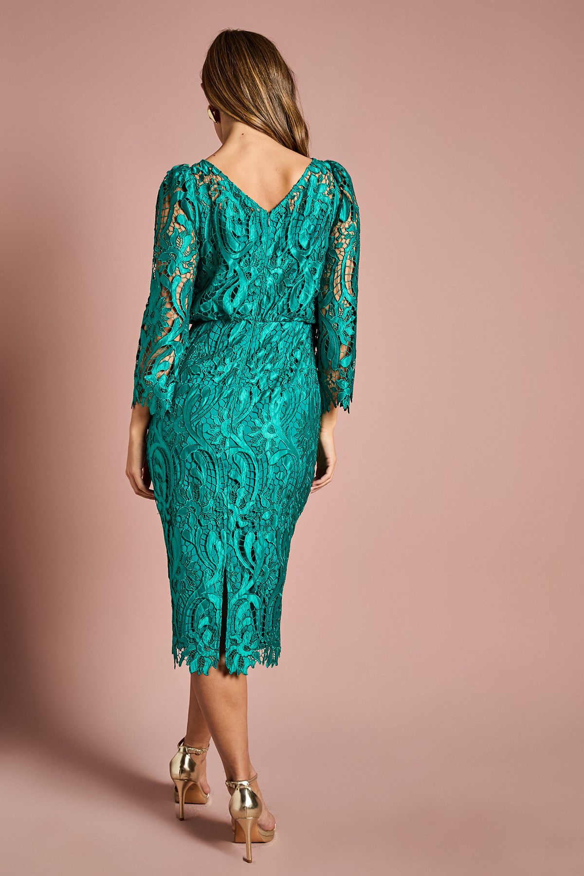 Coast Satin Lace Boat Neck Midi Dress With Fluted Sleeve Emerald image 3