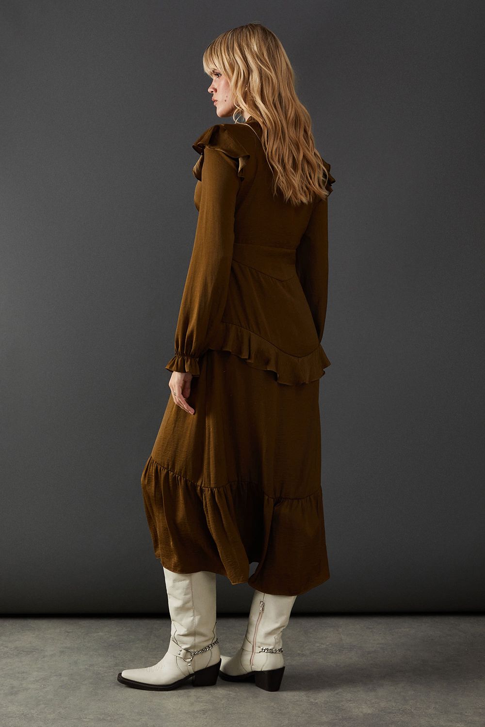 Warehouse Satin Tie Neck Ruffle Midi Dress Olive image 3