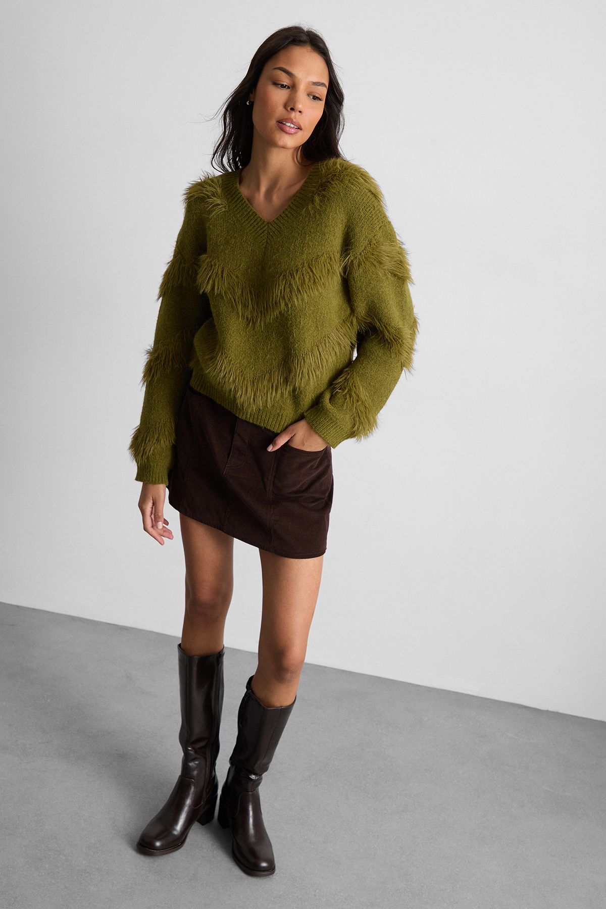 Warehouse Fluffy Long Sleeve Jumper Olive image 2