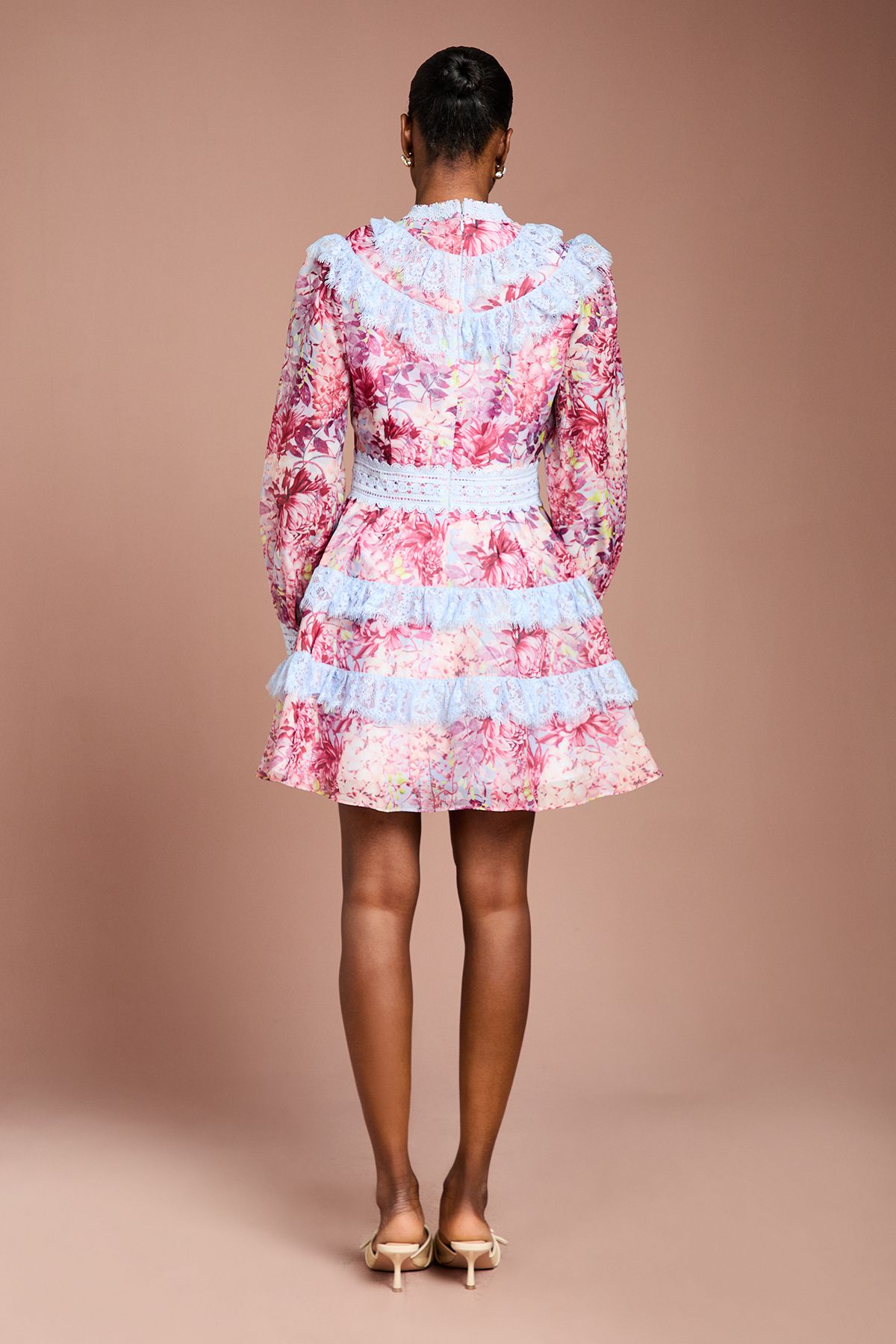 Coast Printed Long Sleeve Lace Trim Mini Dress Pink image 3