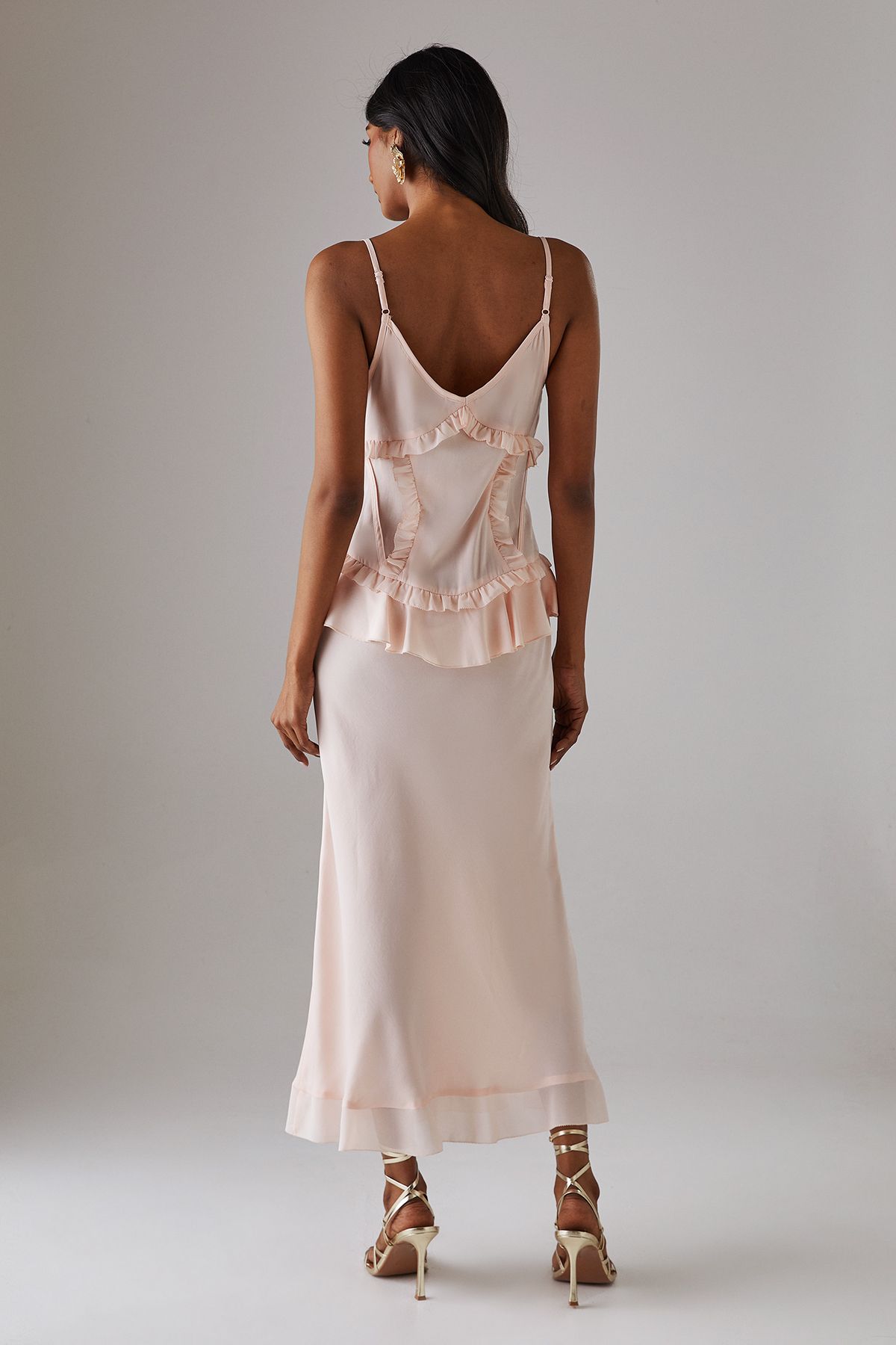 Warehouse Satin Strappy Seam Detail Peplum Midi Dress Soft Pink image 3