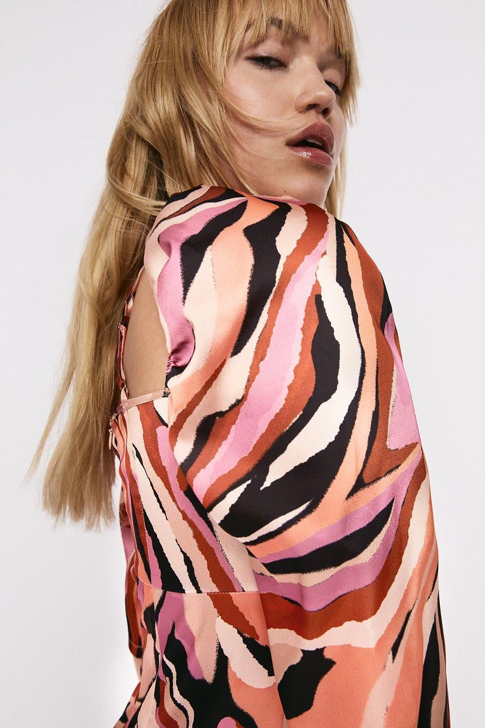 Warehouse Print Cut Out Mini Dress Orange image 2