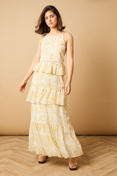 Oasis Printed Lace Detail Halterneck Tiered Midaxi Dress Multi