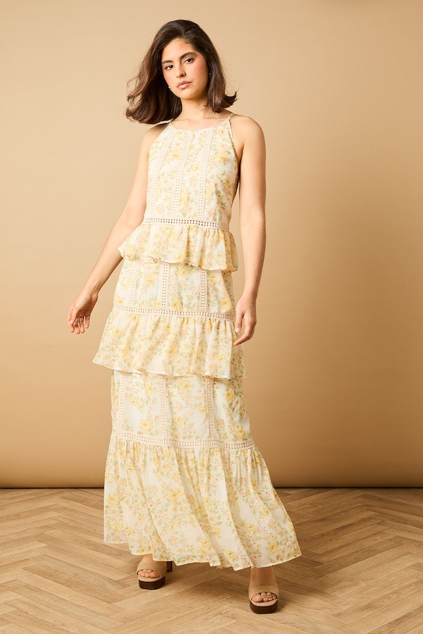 Oasis Printed Lace Detail Halterneck Tiered Midaxi Dress Multi