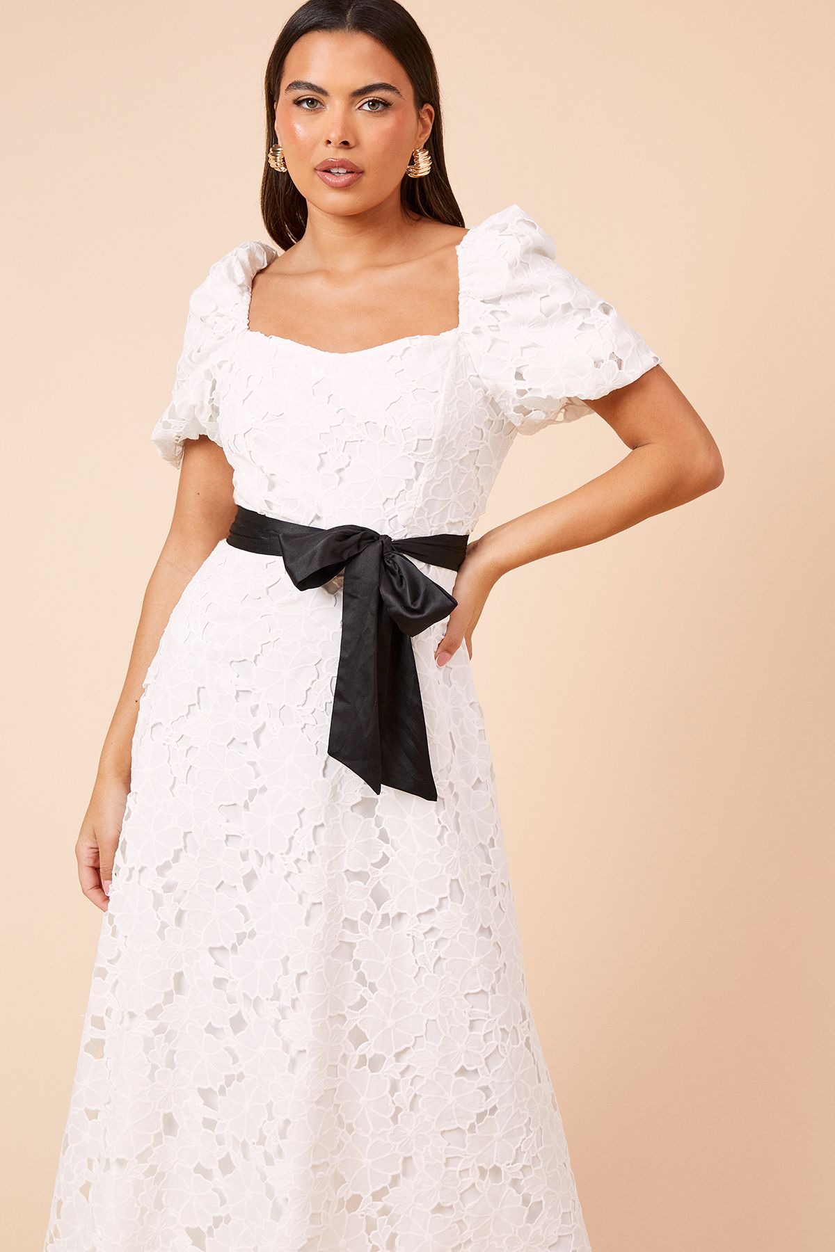 Dorothy Perkins DP Luxe Cut-Work Lace Contrast Belt Midi Dress White image 2