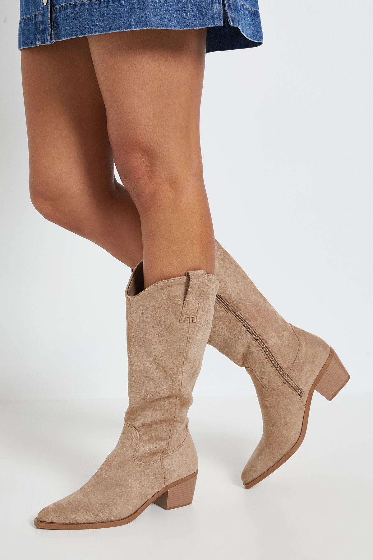 Dorothy Perkins Maya Faux Suede Western Calf Boots Beige
