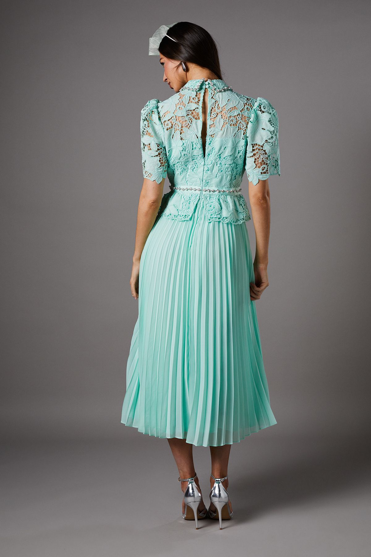Coast Lace Top Pleat Skirt Jewel Button Dress Sage image 4