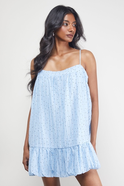 Warehouse Spot Organza Strappy Bubble Hem Mini Dress Blue