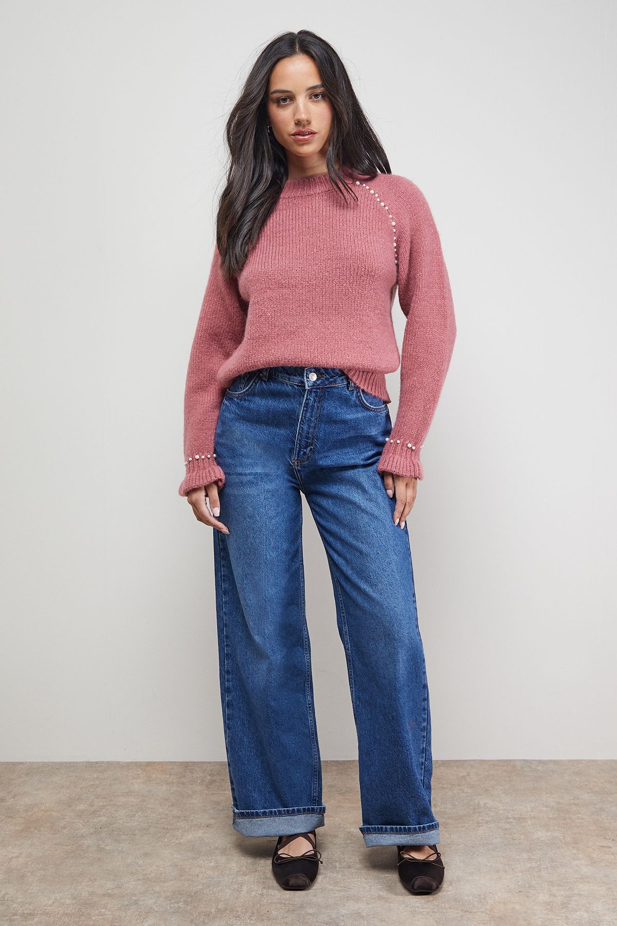 Oasis Pearl Detail Frill Cuff Jumper Rose image 2