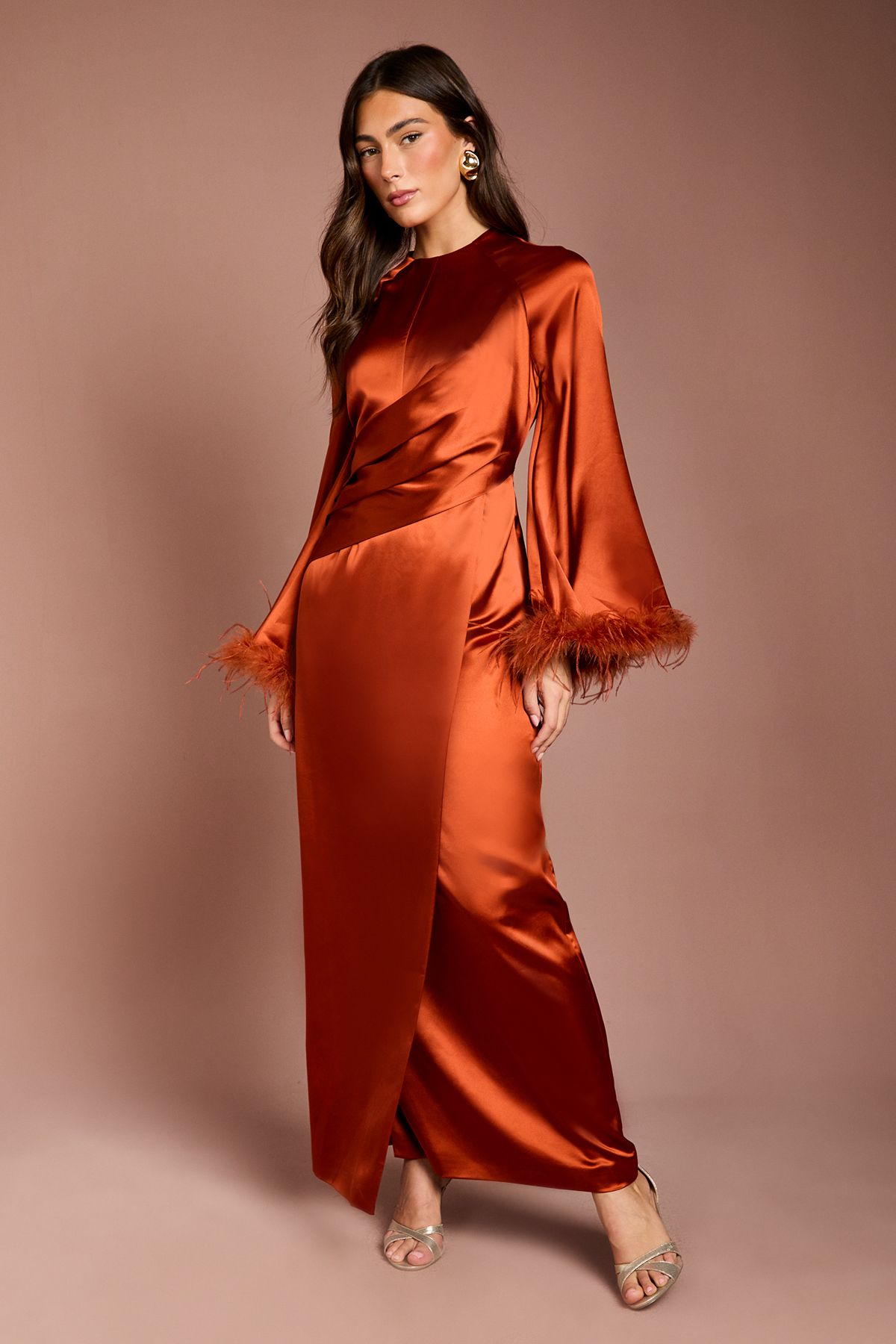 Coast Feather Trim Satin Maxi Dress Rust image 1